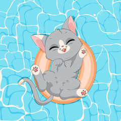 Kot bawiący się w wodzie, pływający w dmuchanym kole. Kotek w basenie. Ręcznie rysowany uroczy mały kot na wakacjach. Letnia wektorowa ilustracja.