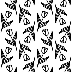 Obraz premium Doodle flower seamless pattern. Black flowers variety, hand drawn floral texture. Spring themed cute sketch elements
