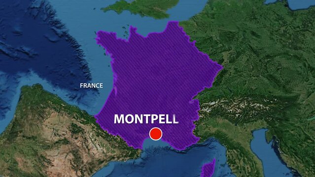 Designation of the borders of France on the map and the mark of the location of the city of Montpellier