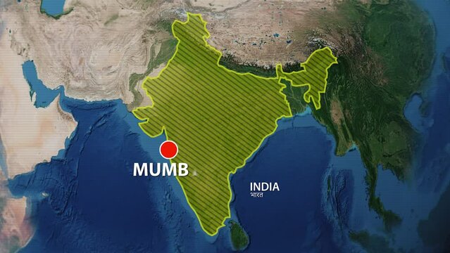 Designation of the borders of India on the map and the mark of the location of the city of Mumbai
