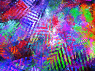 Composición de arte fractal digital consistente en rayas negras paralelas y diagonales rodeadas de manchas coloridas en lo que parece ser la vista aérea de una ciudad caótica.