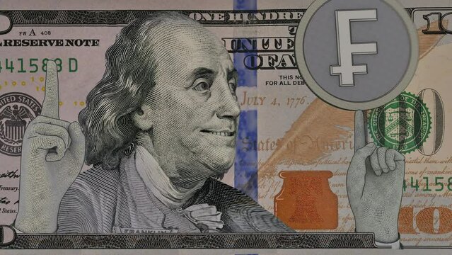 Benjamin Franklin on a hundred dollar bill slips a Swiss franc coin on his finger and laughs. Includes a green screen version for easy background clipping.