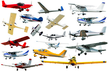 Set of various airplanes isolated on white background..