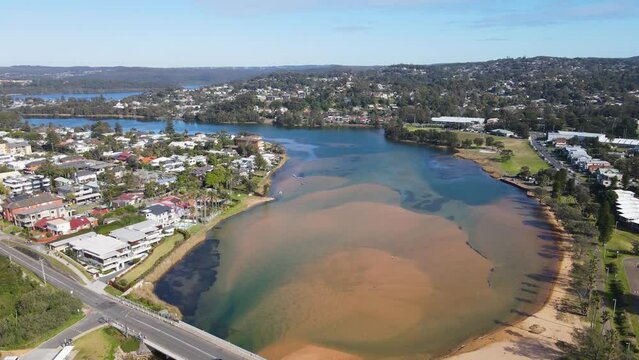 Aerial drone view of South Creek at Narrabeen on the Northern Beaches of Sydney, NSW, Australia on a sunny day 