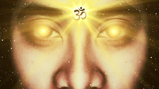 Human Face with Flashing Eyes effect and Ohm symbol on Forehead