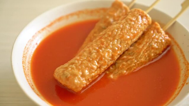 Omuk - Korean fish cake skewer in Korean spicy soup - Korean street food style