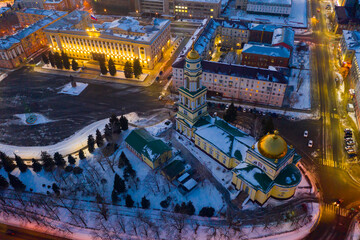 Evening view in winter of the residential areas of Lipetsk and the Christ-Nativity Cathedral in the city center, Russia