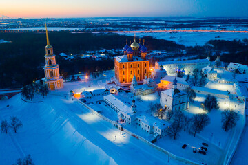 Winter aerial view of architectural ensemble of ancient Kremlin in Ryazan in the evening, Ryazan Oblast, Russia