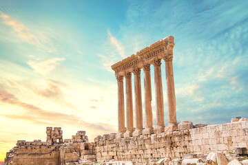 Beautiful view of the Massive columns of the Temple of Jupiter in the ancient city of Baalbek, Lebanon
