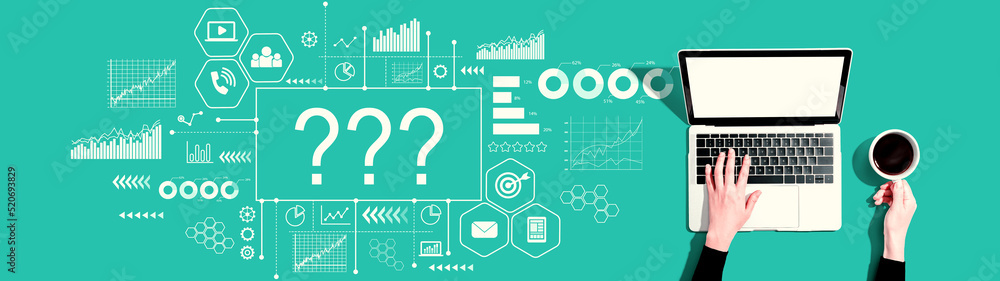 Aufkleber question marks with person using a laptop computer