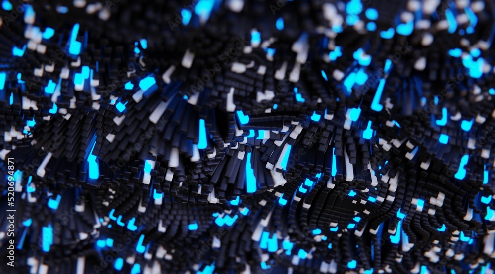 Poster abstract 3d render in motion background, neon glow on black interesting science,big data computer co