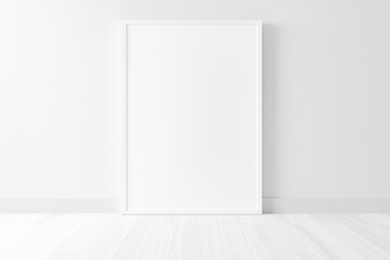 Blank empty picture frame mockup on white cement wall.
