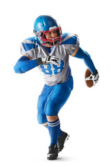 Sports attack. Sportsman in action. American football. A young agile American football player runs...