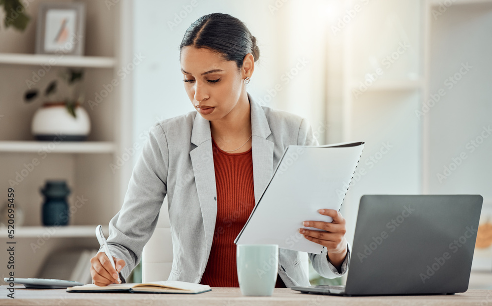 Poster african business woman planning, taking notes and writing in a notebook while reading a report, docu