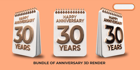 Bundle of 3D render birthday number 30, anniversary gold style age celebrate luxury style