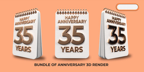 Bundle of 3D render birthday number 35,  anniversary gold style age celebrate luxury style