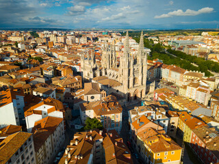 Panoramic view from the drone on the Cathedral of Burgos. Spain