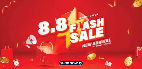 8.8 3D style Flash Sale banner template design for web or social media.