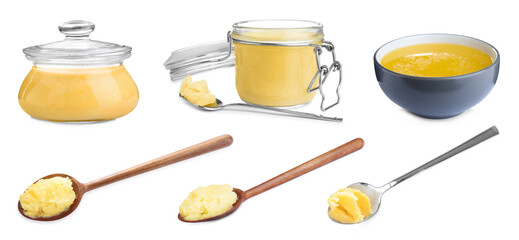 Set with tasty ghee butter on white background. Banner design