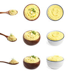 Set with tasty mashed potatoes on white background
