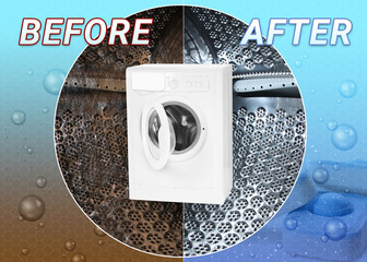 Drum of washing machine before and after using water softener tablet, collage