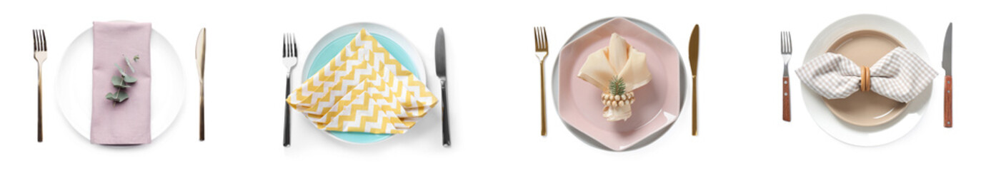 Set with examples of different beautiful table settings on white background, top view. Banner design