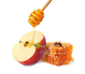 Natural sweet honey and tasty fresh apple on white background © New Africa