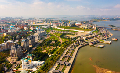 Fototapeta na wymiar Aerial photo of Russian city Kazan with view of Kazan Kremlin and Agricultural Palace.