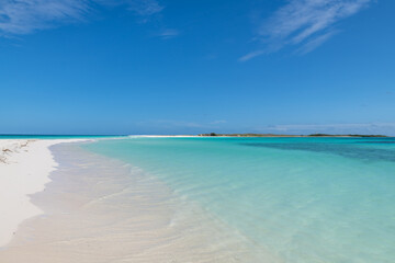 Los Roques Archipelago, Venezuela, 07.30.2022: white tropical beach in Cayo de Agua  (Water Cay).