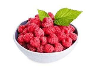 Bowl of fresh ripe raspberries with green leaves isolated on white