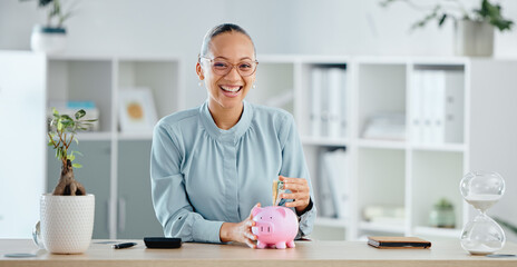 Finance, budget and investment money in piggybank and saving cash for a company startup in office. Portrait of smiling, happy and ambitious financial advisor planning future and depositing currency