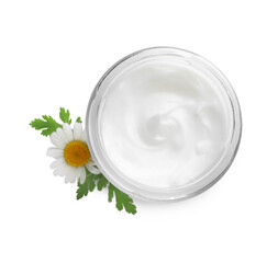 Obraz na płótnie Canvas Jar of hand cream and chamomile on white background, top view