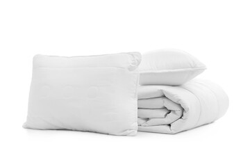 Soft blanket with pillows on white background