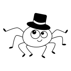 Vector doodle festive cartoon spider with magician's hat on head.Childish cute  clipart.Outline.Sketch.Isolated on white background.