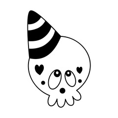 Doodle  cute skull with festive cap.Vector childish cartoon halloween design element.Outline.Sketch.Isolated on white background.