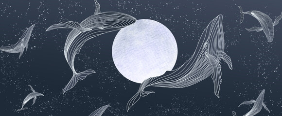 Art background in blue color with an illustration of whales on the background of the moon in line style. Hand drawn vector banner for wallpaper design, textile, print, invitations.