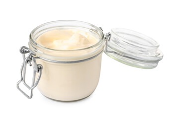 Tasty mayonnaise in glass jar isolated on white