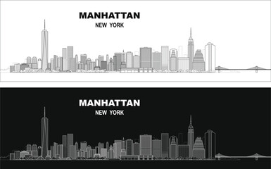 Obraz premium Layered editable vector illustration skyline of Manhattan, New York City, USA, each building is on a separate layer.