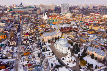 Aerial view of the Alekseevo-Akatov monastery and old residential quarters in winter in Voronezh, Russia.