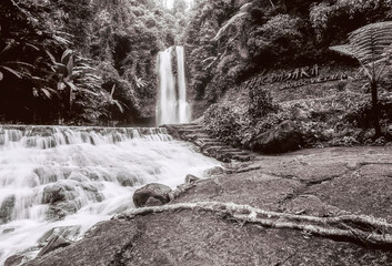 Landscape photo black anh white film: Dasara waterfall. This is a beautiful waterfall in Vietnam. Dasara waterfall is 60 m high.Time: July 28, 2022. Location: Lam Dong province. 