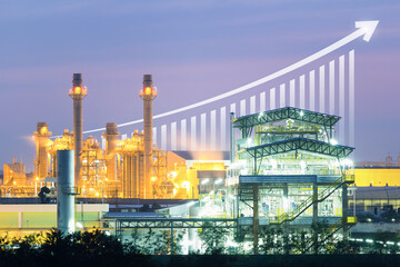 Power plant, gas fired power station. Include increasing bar chart, graph, arrow. Industrial...