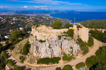 Bird's eye view of ruined rock fortress scenic view in Begur, Catalonia, november 18, 2020