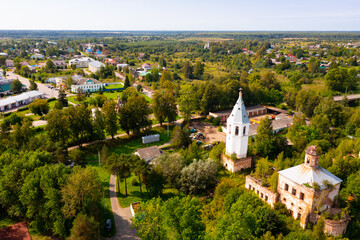 Fototapeta premium Urbanscape of Lyubim, town in Russia with view of residential buildings and churches.