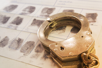 Police handcuff on fingerprint crime page file.