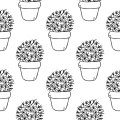 Cactus seamless pattern vector line art. Cute black succulent in pot illustration. Mexican house cacti in flowerpot