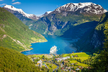 Above Gieranger fjord, ship and village, Norway, Northern Europe
