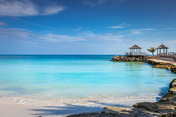 Tropical paradise: caribbean beach with pier and gazebo, Montego Bay, Jamaica - obrazy, fototapety, plakaty