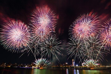 The famous beautiful Dadaocheng fireworks show at night in Taipei Taiwan