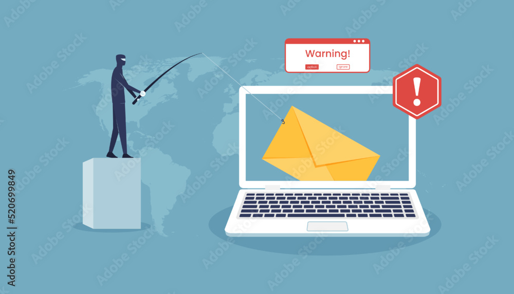 Poster hacker breaks email on laptop screen concept. phishing and cyber crime attacks vector illustration