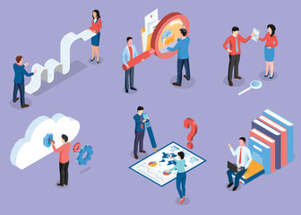 3D isometric Business activities concept with office workers process a work scheduling, planning. Modern trendy concepts for web sites and mobile web sites. Vector illustration eps10